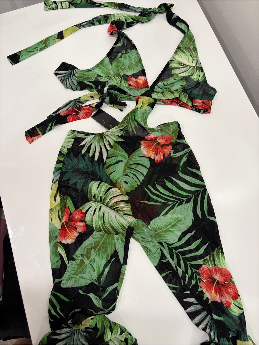 Posh Tropical Halter Cutout Jumpsuit - Green/Black/Red
